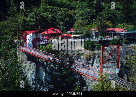 Ponte Hell's Gate e centro visitatori con giro in gondola Airtram e area di osservazione che si affaccia sulla gola, Fraser Canyon, British Columbia, Canada. Foto Stock