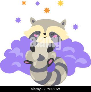 Raccoon animale dormire su soffice nuvola morbida. Personaggio isolato e sonnolento dei cartoni animati, piccolo personaggio con espressione facciale calma, riposo e sonnellino. Illustrazione Vettoriale