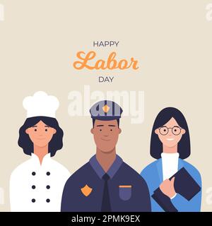 1st maggio. Buon biglietto di auguri per il giorno del lavoro con i lavoratori Illustrazione Vettoriale