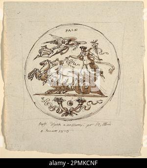 Disegno, Trionfo della Pace, roundel, per la Villa Aldini a Montmorency; progettato da Felice Giani (italiano, 1758–1823); Italia; inchiostro nero e marrone, pennello e lavaggio grigio-marrone su gesso nero su carta testurizzata; 24,2 x 22,1 cm (9 1/2 x 8 11/16 in.) Foto Stock