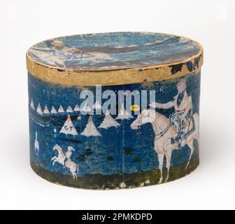 Bandbox e coperchio, Old Rough and Ready; USA; carta stampata in blocco su supporto per cartoncino Foto Stock