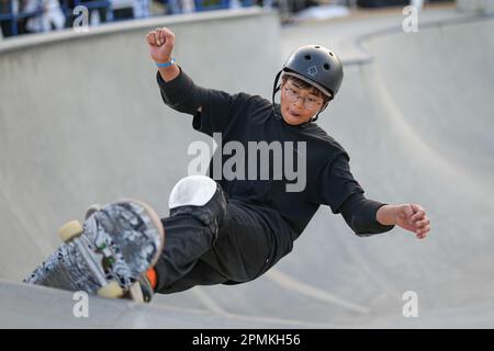 Ibaraki, Giappone. 13th Apr, 2023. Quindi Umezawa Skateboarding : il 2nd Mynavi Skateboarding Giappone APRE il Parco degli uomini Qualificandosi a Murasaki Park Kasama a Ibaraki, Giappone . Credit: AFLO SPORT/Alamy Live News Foto Stock