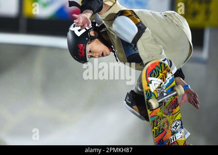 Ibaraki, Giappone. 13th Apr, 2023. Hinata Mitake Skateboarding : il 2nd Mynavi Skateboarding Giappone APRE il Parco degli uomini Qualificandosi a Murasaki Park Kasama a Ibaraki, Giappone . Credit: AFLO SPORT/Alamy Live News Foto Stock
