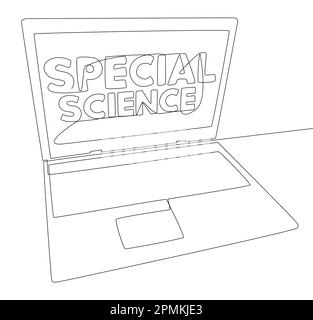 Una linea continua di laptop con parola Scienza speciale. Concetto di vettore di illustrazione a linea sottile. Disegno di contorno idee creative. Illustrazione Vettoriale