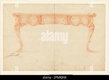 Disegno, elevazione di uno scrittoio [Bureau Plat]; disegnato da André-Charles Boulle (francese, 1642 – 1732); redatto da Gilles-Marie Oppenord (francese, 1672-1742); Francia; gesso rosso su carta spalancata color crema, foderata; 23,6 x 36,1 cm (9 5/16 x 14 3/16 pollici) Foto Stock