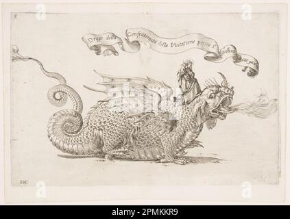 Print, Parade Float con la Vergine e il Bambino in sella a un Drago, Plate 8 di A. Isacchi, 'Relatione di Alfonso Isachi intorno all'origine, solennità, traslatione, et miracoli della Madonna di Reggio [...],' (account di Alfonso Isachi sull'origine, le festività, la processione e i miracoli della Madonna di Reggio); Print Maker: Giovanni Luigi Valesio (italiano, 1561 - 1650); Italia; incisione e incisione su carta crema posata; Platemark: 20 x 31 cm (7 7/8 x 12 3/16 in.) Foglio: 23,2 x 32,5 cm (9 1/8 x 12 13/16 pollici) Tappetino: 35,6 x 45,7 cm (14 x 18 pollici) Foto Stock