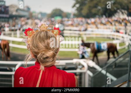 Donna in vestito rosso indossando bella fasminator guardare i cavalli sfilare prima della gara Foto Stock