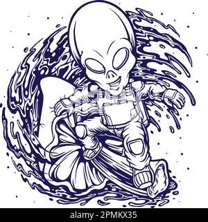 Astronauta aliena surf con funghi magici psichedelici mascotte illustrazioni vettore monocromatico per il vostro logo di lavoro, t-shirt merchandise, adesivi Illustrazione Vettoriale