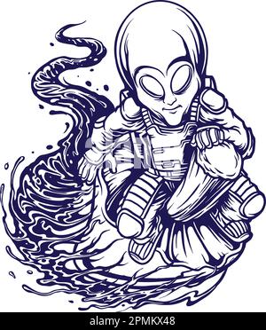 Carino astronauta alieno surf con psichedelico magiche funghi illustrazioni vettore monocromatico per il tuo logo di lavoro, t-shirt merchandise, adesivi ed etichetta Illustrazione Vettoriale