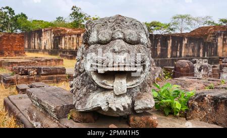 Statua del Leone di fronte al Monastero No.2, Monastero buddista Ratnagiri, Odisha, India. Foto Stock