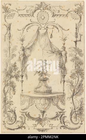 Disegno, design per pannello da parete sul tema di Diana; Gabriel Huquier (francese, 1695–1772); dopo Antoine Watteau (francese, 1684 – 1721); Francia; gesso nero, pennello e lavaggio grigio, tracce di stilo su carta crema posata; 30,4 x 19,4 cm (11 15/16 x 7 5/8 pollici) Foto Stock