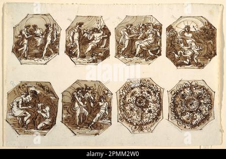 Disegno, sei composizioni ottagonali, Ercole e Hebe, due ornamenti foliati, Sala di Ercole e Ebe, Palazzo Gessi; disegnato da Felice Giani (italiano, 1758-1823); Italia; inchiostro nero e marrone, pennello e lavaggio marrone su gesso nero su carta posata; 21,7 x 32,9 cm (8 9/16 x 12 15/16 in.) Foto Stock