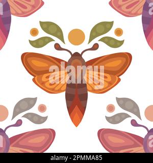 Modello vettoriale sacrale senza cuciture con falene, foglie e lune su sfondo bianco. Texture delicata e colorata con nei. Piano mistico sfondo di butte Illustrazione Vettoriale
