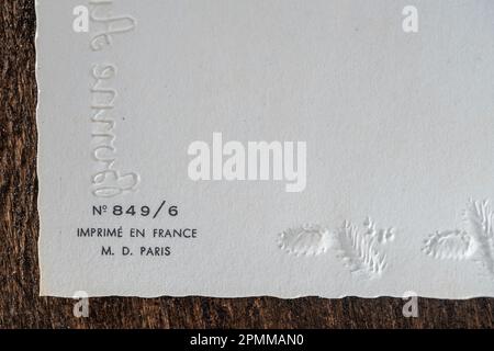 Originale cartolina sul retro con le parole Francia, Parigi, primo piano. Cartolina francese di Natale retrò degli anni settanta, vista dall'alto, spazio copia, retro Foto Stock