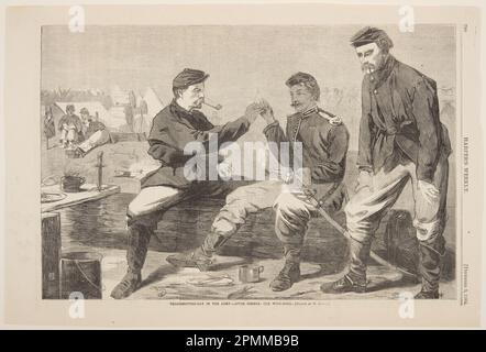 Stampa, giorno del Ringraziamento nell'esercito – dopo cena: The Wish-Bone; Winslow Homer (americano, 1836–1910); pubblicato da Harper's Weekly; USA; incisione del legno in inchiostro nero su carta; 27,5 x 40,5 cm (10 13/16 x 15 15/16 pollici); 1946-68-2 Foto Stock