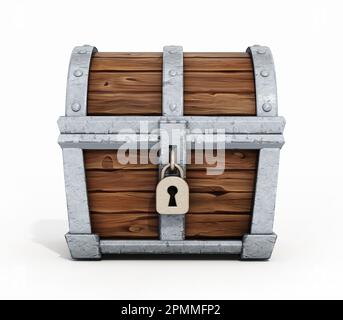 Cartone animato scrigno isolato su sfondo bianco. Illustrazione 3D. Foto Stock