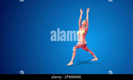 3D Virabhadrasana umana i variazione guerriero esteso i yoga posa su sfondo blu Foto Stock