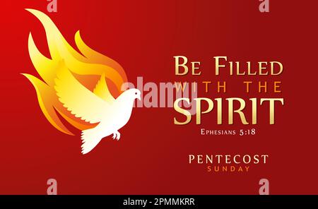 Siate ripieni dello Spirito, Domenica di Pentecoste, Efesini 5:18. Spirito Santo colomba in fiamma e testo, disegno di invito per il servizio di culto di Pentecoste Illustrazione Vettoriale