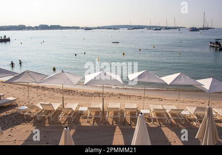 File di ombrelloni e lettini bianchi fiancheggiano la spiaggia di sabbia dorata di Cannes, in Costa Azzurra, la mattina presto, mentre alcuni nuotatori e ang Foto Stock