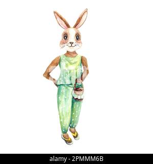 Acquerello vintage ragazza coniglio coniglio in tuta verde tenendo bascet isolato su sfondo bianco. Acquerello schizzo di illustrazione disegnato a mano. Saluto po Foto Stock