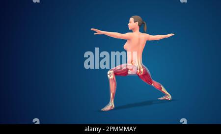 3D Virabhadrasana II umana variazione estesa guerriero yoga posa su sfondo blu Foto Stock