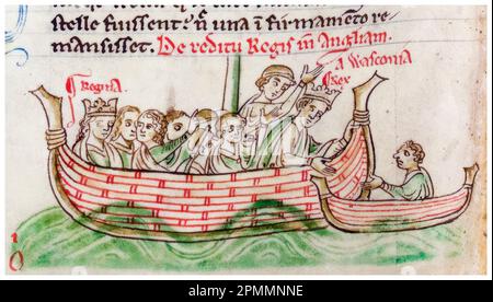 Enrico III d'Inghilterra (1207-1272) ed Eleonora di Provenza (circa 1223-1291) di ritorno dal Poitou, Francia, nel 1243, pittura manoscritta illuminata di Matteo Parigi, prima del 1399 Foto Stock