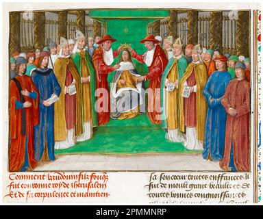 Incoronazione di Baldovino III (1129-1163), Re di Gerusalemme (1143-1163), pittura manoscritta in miniatura di Maestro del Boezio Fiammingo, 1479-1480 Foto Stock