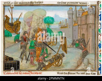 Crociate: L'attacco a Tanis, Egitto, di Amalrico i di Gerusalemme nel 1168, dipinto manoscritto in miniatura di un assistente del Maestro del Boezio Fiammingo, 1479-1480 Foto Stock