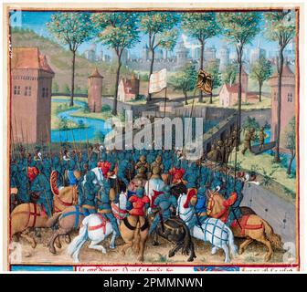 Crociate: L'assedio di Damasco (24-28th luglio 1148), una battaglia durante la seconda crociata, pittura manoscritta illuminata di Jean Colombe, circa 1474 Foto Stock