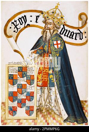 Edoardo III d'Inghilterra (1312-1377), re d'Inghilterra (1327-1377), con un mantello blu decorato con l'Ordine del Garter, dipinto manoscritto ritratto illuminato di William Bruges, 1430-1440 Foto Stock