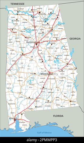 Mappa stradale dell'Alabama dettagliata con etichette. Illustrazione Vettoriale