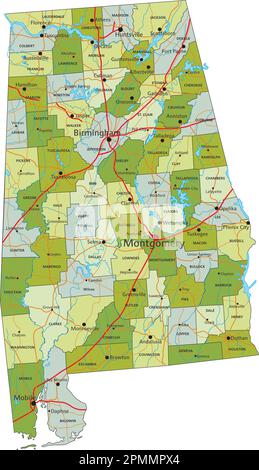Mappa politica modificabile estremamente dettagliata con livelli separati. Alabama Illustrazione Vettoriale