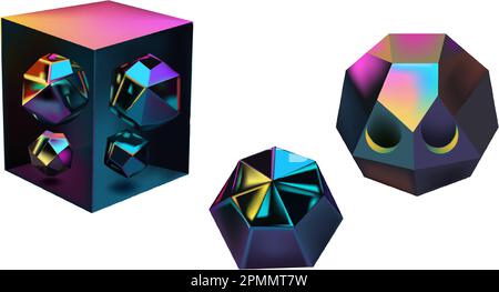 Le futuristiche figure a gradiente neon possono essere utilizzate per una varietà di scopi, intrattenimento, istruzione e visualizzazione scientifica.Set di forme geometriche ologramma. Oggetto multicolore 3d moderno e iridescente. Illustrazione Vettoriale