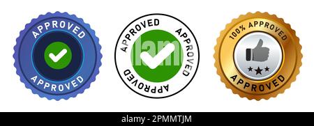 Etichetta adesiva con marchio di controllo qualità accettata, rotonda, di colore blu oro e bianco Illustrazione Vettoriale