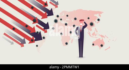 Global Economic Downfall a causa del virus Corona Pandemic - onde di infezione, problemi finanziari - Design concetto con la Mappa del mondo e l'uomo d'affari Illustrazione Vettoriale