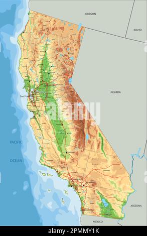 Mappa fisica californiana dettagliata con etichettatura. Illustrazione Vettoriale