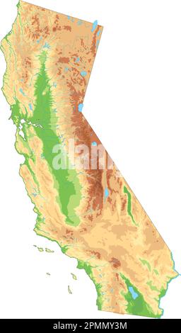 Mappa fisica californiana dettagliata. Illustrazione Vettoriale