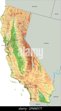 Mappa fisica californiana dettagliata con etichettatura. Illustrazione Vettoriale