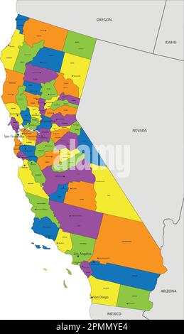 Mappa politica della California colorata con livelli chiaramente etichettati e separati. Illustrazione vettoriale. Illustrazione Vettoriale