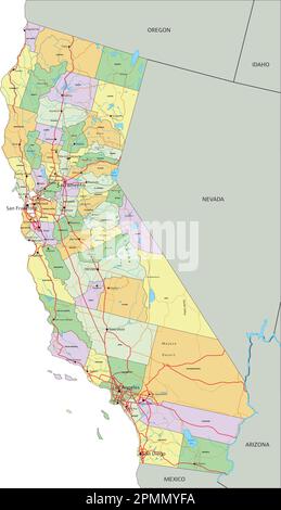 California - Mappa politica modificabile molto dettagliata con etichettatura. Illustrazione Vettoriale