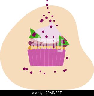 Dolce Cupcake Rosa con Berries. Illustrazione vettoriale di dessert e muffin gustosi di compleanno Illustrazione Vettoriale