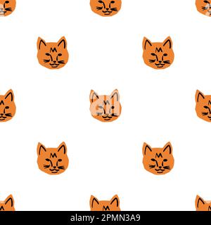 Motivo senza cuciture con illustrazione della testa di gatto in stile minimalista su sfondo bianco Illustrazione Vettoriale