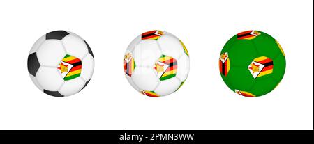 Collezione palla di calcio con la bandiera Zimbabwe. Attrezzatura da calcio mockup con bandiera in tre configurazioni distinte. Mockup vettoriale. Illustrazione Vettoriale