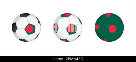 Collezione palla di calcio con la bandiera Bangladesh. Attrezzatura da calcio mockup con bandiera in tre configurazioni distinte. Mockup vettoriale. Illustrazione Vettoriale