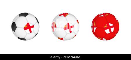 Collezione palla di calcio con la bandiera Sark. Attrezzatura da calcio mockup con bandiera in tre configurazioni distinte. Mockup vettoriale. Illustrazione Vettoriale