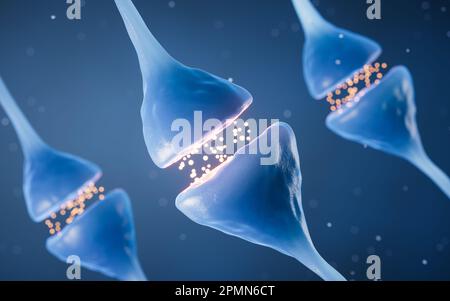 Sinapsi della cellula di neurone, concetto di biologia, 3D rendering. Disegno digitale. Foto Stock