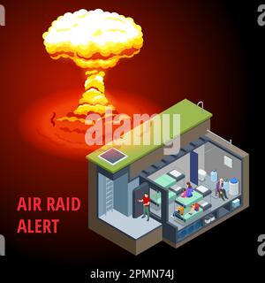 Esplosione di bombe atomiche isometriche e bunker sotterraneo, riparo di bombe in cemento, riparo di RAID aereo. Rifugio sotterraneo per bombe con letti, un rifornimento di cibo Illustrazione Vettoriale