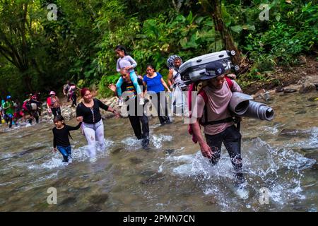 I migranti, per la maggior parte provenienti da Ecuador, Haiti e Nigeria, camminano attraverso il fiume nella giungla pericolosa del Darién Gap tra Colombia e Panamá. Foto Stock