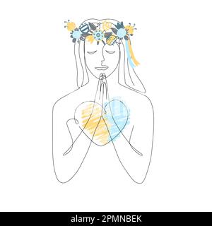 La silhouette di donna Ucraina che indossa una corona di fiori. Illustrazione isolata del disegno vettoriale a linea continua. Tavolozza blu e gialla. Illustrazione Vettoriale
