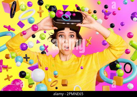 Creative abstract collage template grafica immagine di una signora impressionata giocare colorato gioco 3D isolato disegno sfondo Foto Stock